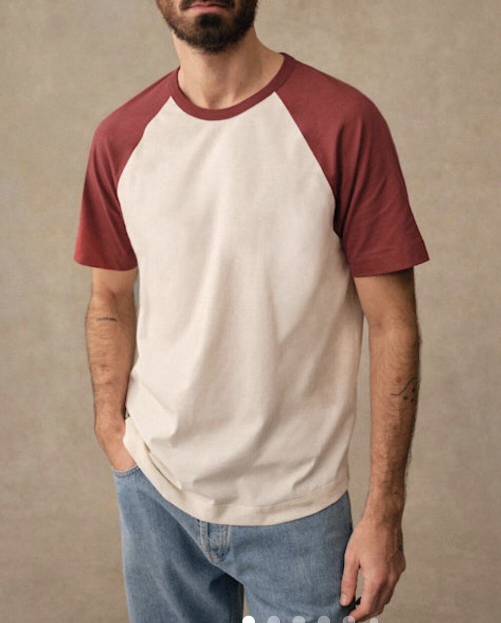 Octobre Editions ANTHONY T-SHIRT Ecru Dark Red Raglan Short Sleeve Size Large